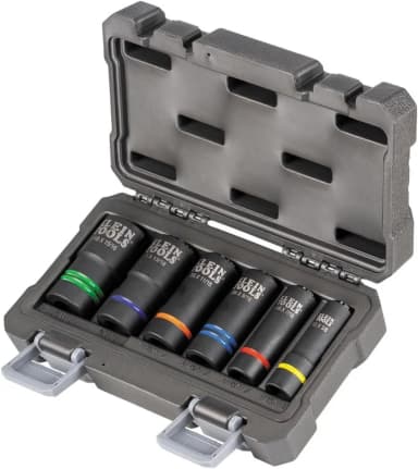 Klein Tools 66090 half-inch 2-in-1 slotted impact socket set fitting two sizes per socket for use with utility impact wrenches.