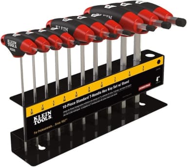 Klein Tools JTH410E T-handle hex key set for extra torque on set screws in tap connectors, equipment lugs, and meter bases.
